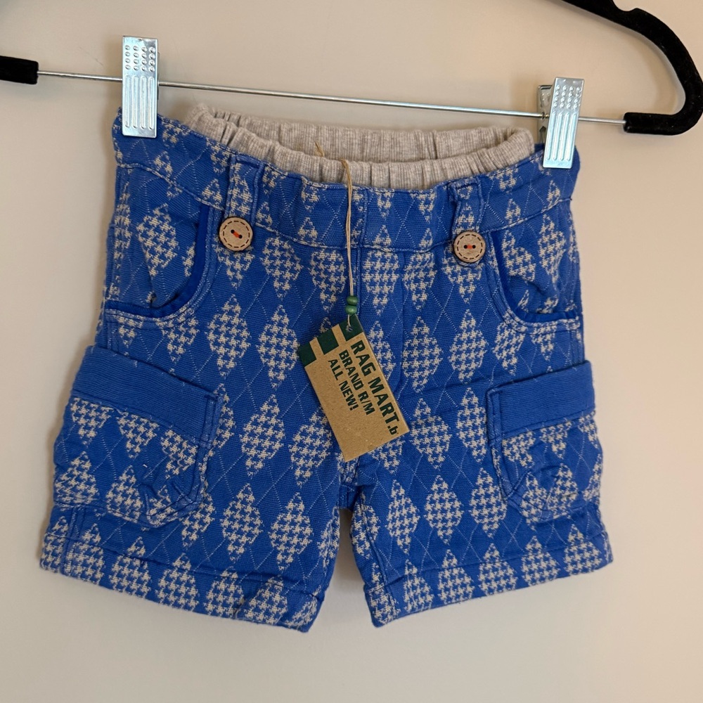 NWT Rag Mart Baby Blue and Gray Diamond Patterned Cargo Shorts Size 90